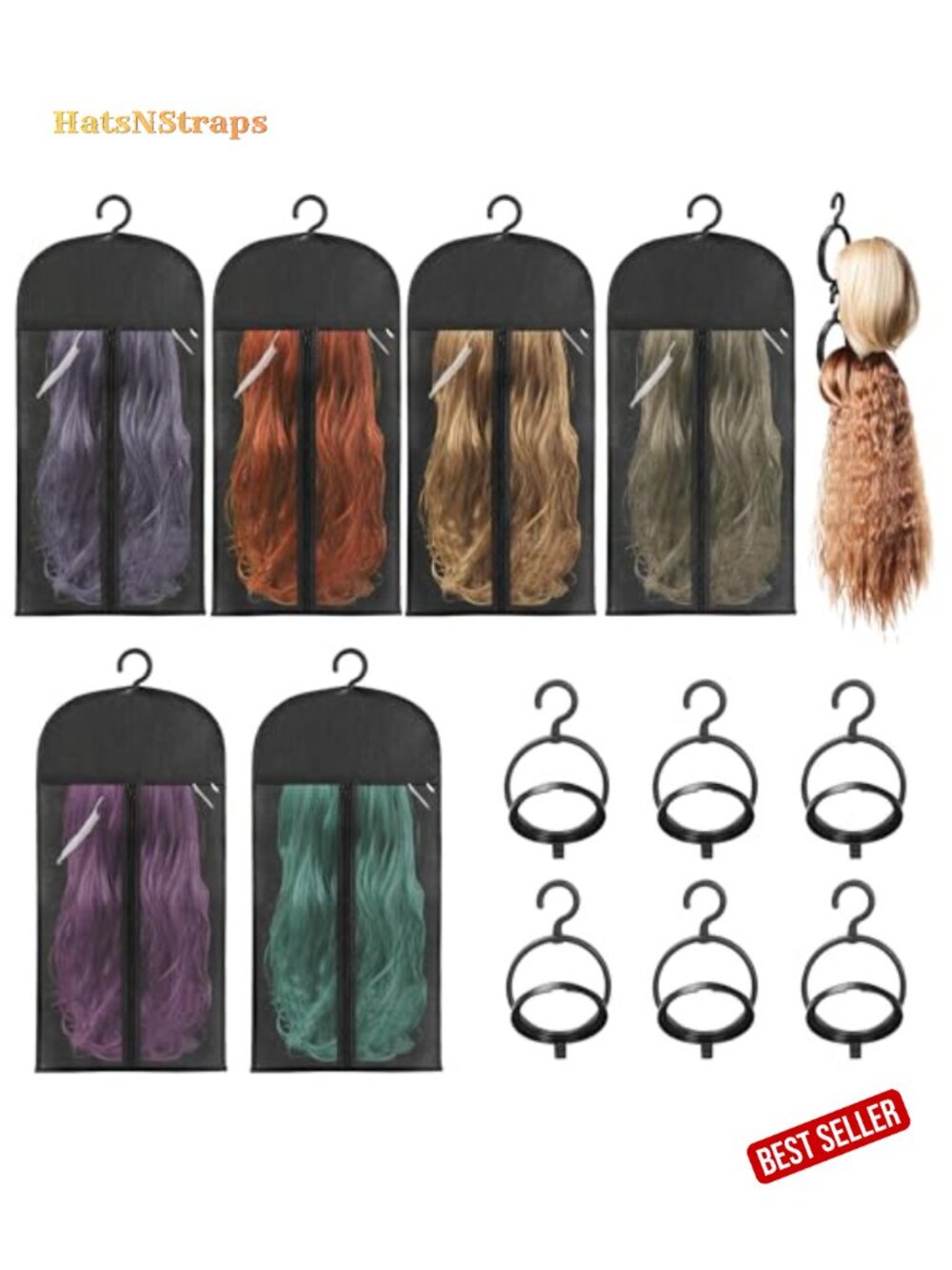 6-Pack Wig Storage Bags with Hangers - Dustproof Foldable for Travel & Home